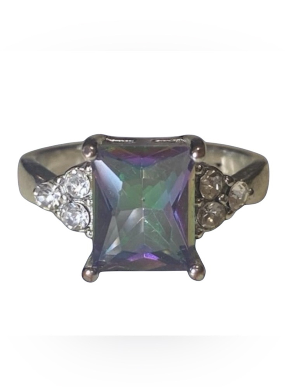 MYSTIC RAINBOW Ring Silver tone CZ 1 Large Stone, 6 Small Stones 4.2g Size 9